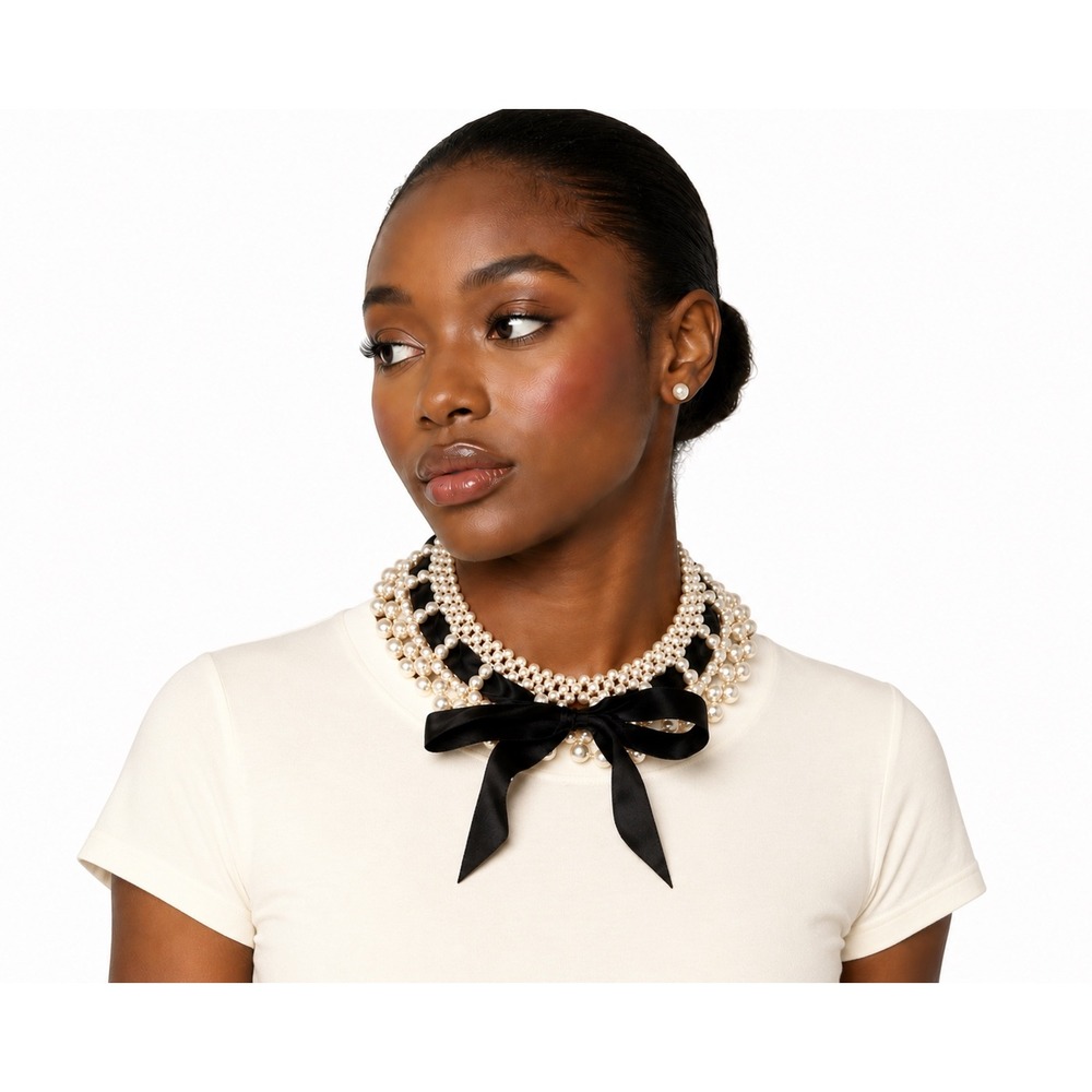 Cream Faux Pearl Collar Necklace Black Satin Ribbon Bow Statement Preppy 103-154